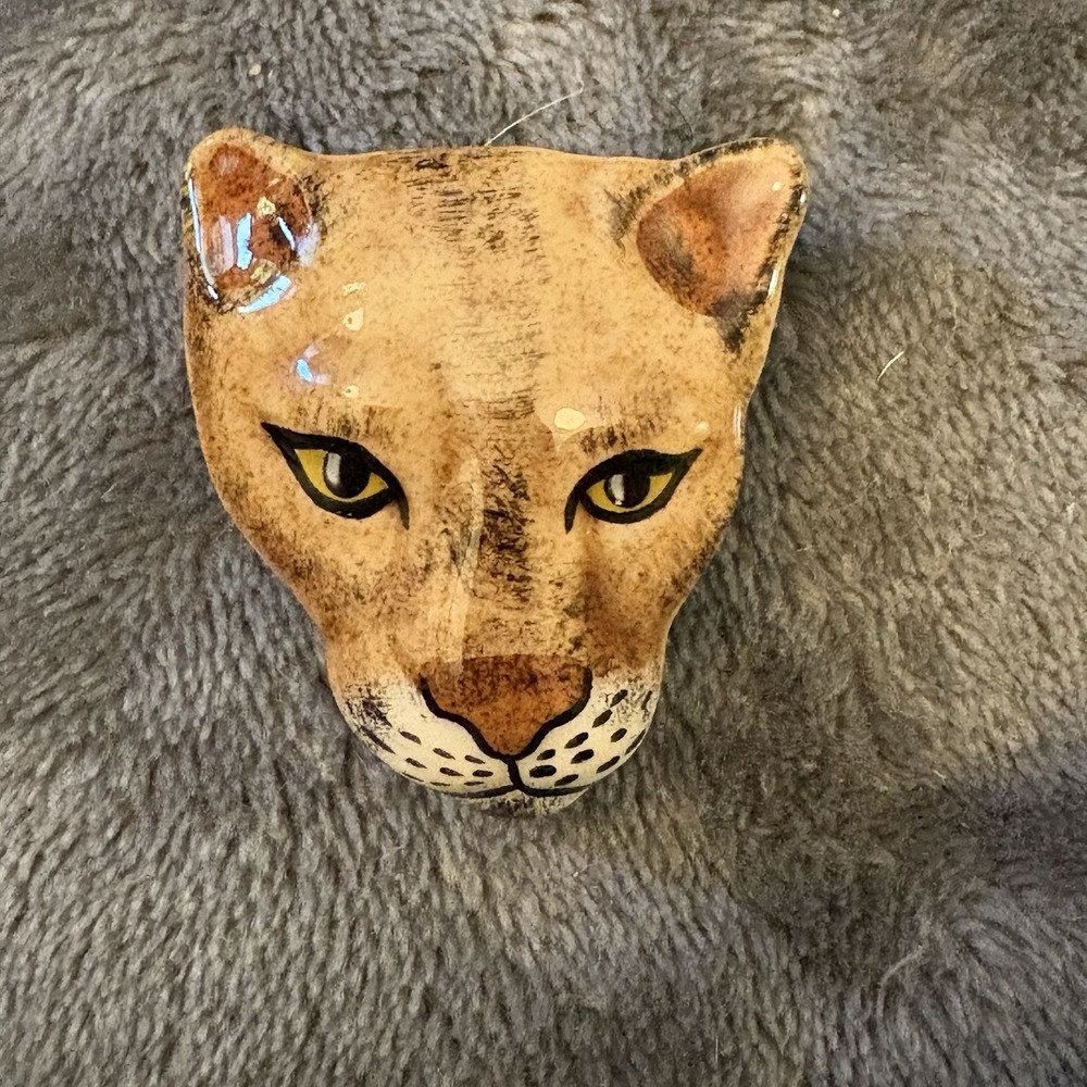 VTG 80s Cougar‎ Leopard Brooch Pin Hand Painted Ceramic Glazed Big Cat Face 1.5"